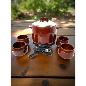 Vintage 1950's West Bend Brown Crock Buffet/Patio Set With Heat Rite Base.
